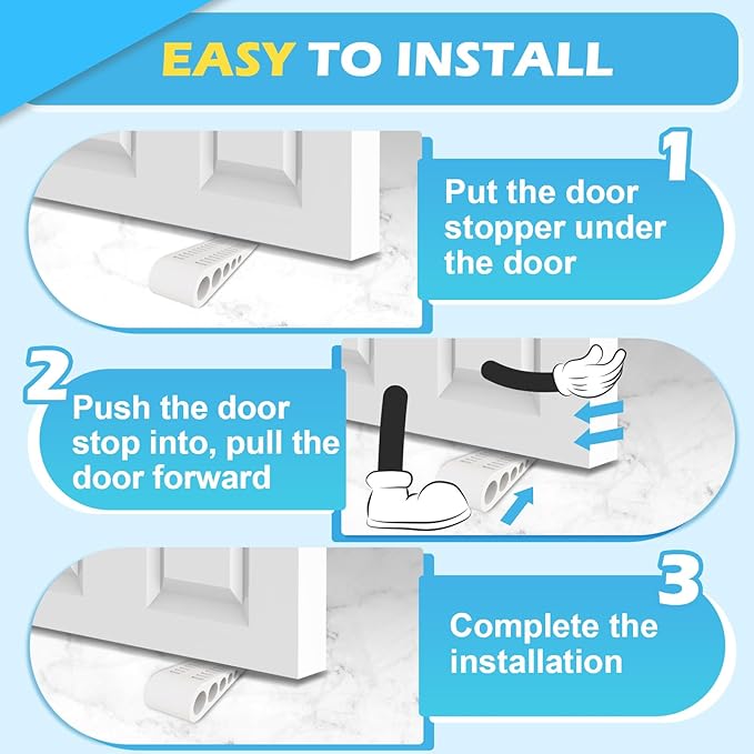 Rubber Door Stoppers for Bottom of Door - 4 Pack Door Stop Wedge with Holder Heavy Duty Doorstop for Home Office Classroom Garage Stackable on Multi Floor Carpet Concrete Tile Linoleum & Wood White