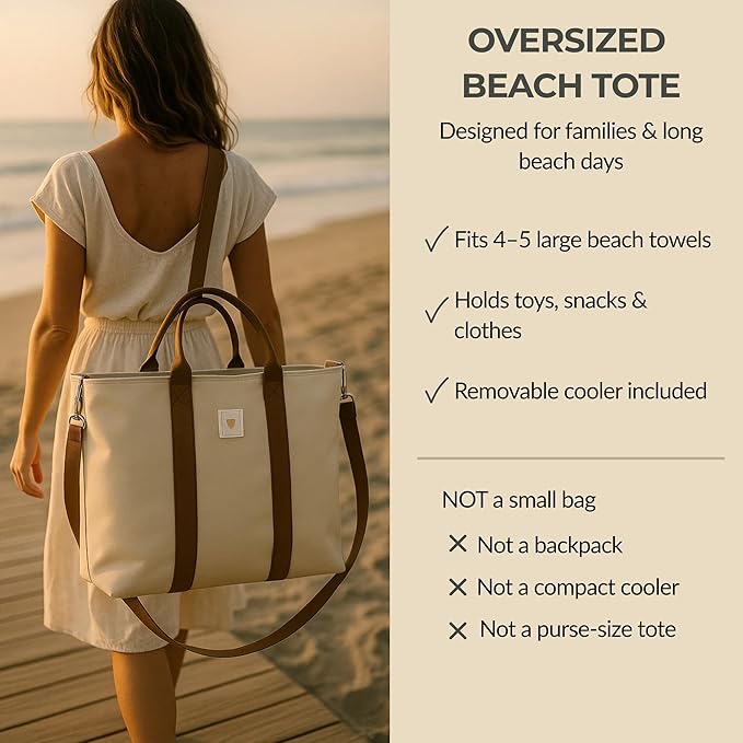 2-in-1 Oversized Beach Bag Tote with Removable Cooler – Canvas Travel Bag for Women – Waterproof, Sand-Resistant, Stylish & Durable – Ideal for Family Vacations or Gifts