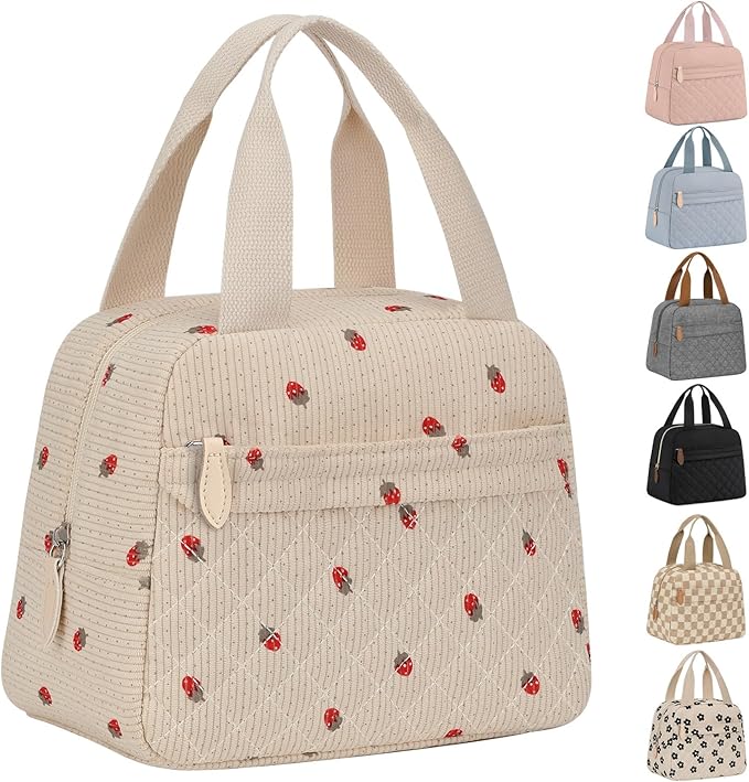Insulated Lunch Bag for Women, Portable Lightweight Lunch Box for Adults, Reusable Lunch Tote Cooler Bags with Front Zipper Pocket for Work School Picnic,Corduroy Strawberry,Large