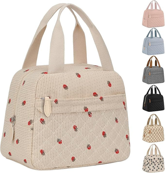 Insulated Lunch Bag for Women, Portable Lightweight Lunch Box for Adults, Reusable Lunch Tote Cooler Bags with Front Zipper Pocket for Work School Picnic,Corduroy Strawberry,Large