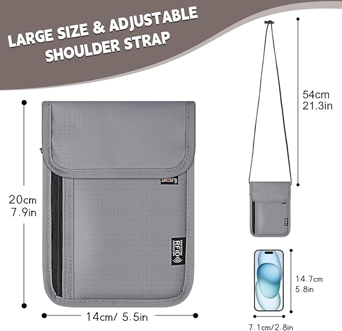 5.5" L x 7.9" W Travel Neck Wallet, RFID Blocking Passport Holder for Travel Women Men, Security Lightweight Travel Wallet, Neck Passport Pouch Gifts for Traveling(Light Grey)