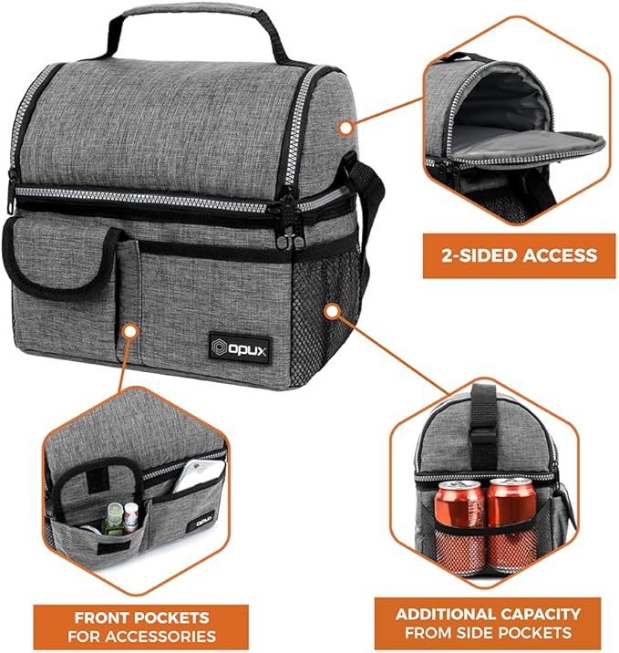 opux Lunch Box for Men, Adult Lunch Box Cooler, Insulated Lunch Bag Women, Dual Compartment Lunchbox for Work, Leakproof Double Decker Lunch Bag, Soft Lunch Pail Tote Boys Girls Kids School, Gray