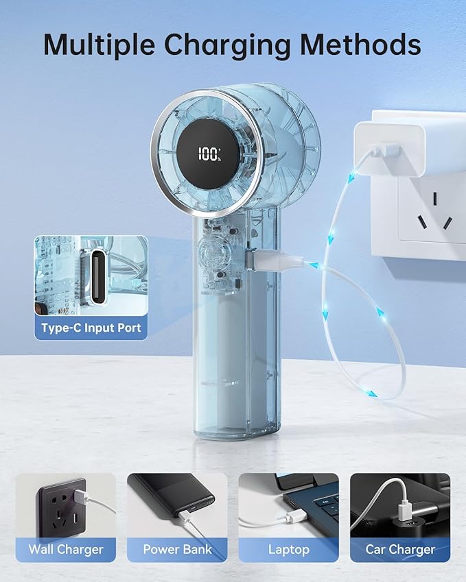 TriPole Transparent Portable Handheld Fan, High Speed 1-100 Adjustable Turbo Mini Fan, 4000mAh Battery USB Rechargeable with Digital Display, Max 20H Cooling Time Outdoor Travel Beach Essentials, Blue