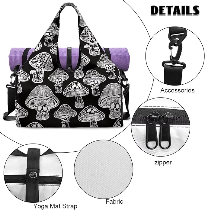 Black Mushroom Workout Bag for Women with Yoga Mat Holder and Shoe Compartment Gym Bag Waterproof Gym Duffel for Swimming, Stylish Fitness Duffel Bag