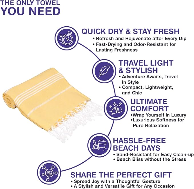 Turkish Beach Towels, Pack of 6 | Oversized, Quick Dry, Sand Free | 100% Cotton, Large 38x71 Towels for Beach, Pool, Travel | Ultra-Soft, Compact, and Absorbent | Yellow