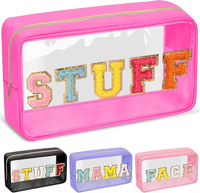 Chenille Letter Clear Makeup Bags Stuff Pouch, Preppy Patch Makeup Bag with Zipper, Transparent PVC & Nylon Waterproof Portable Glitter Cosmetic Bag Travel Toiletry Storage for Women Girl(STUFF-Rose)