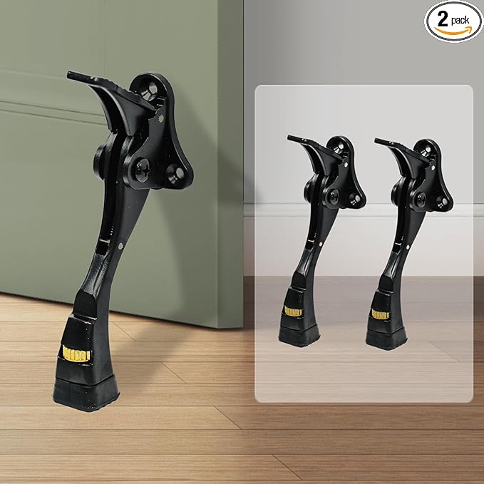 GoldPig Kickdown Door Stopper, 2 Packs Door Holder to Keep Door Open, 4 Inch One Touch Semi-Automatic Doors Stoppers, Adjustable Height and Rubber Tip, Heavy Duty Door Stop (Black)