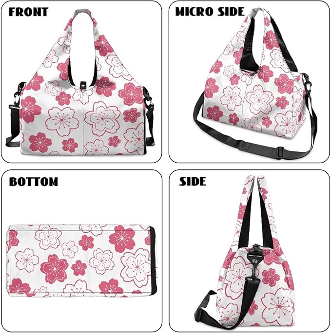 Pink Floral Workout Bag for Women with Yoga Mat Holder and Shoe Compartment Flower Gym Bag Water Resistant Gym Duffel for Swimming, Stylish Fitness Duffel Bag