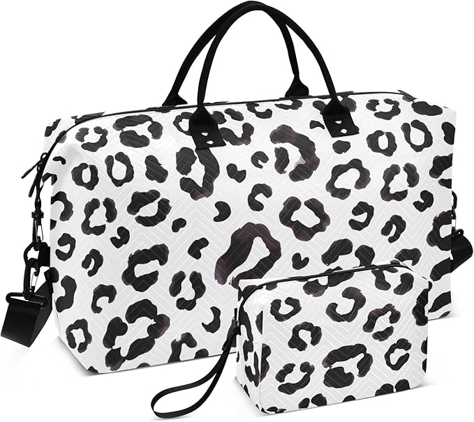Travel Duffle Bag, Leopard Print Cheetah Black White Gym Bag with Storage Bag Weekender Overnight Bag for Men Women Trip Sports Yoga