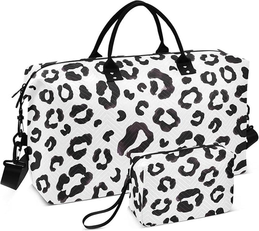 Travel Duffle Bag, Leopard Print Cheetah Black White Gym Bag with Storage Bag Weekender Overnight Bag for Men Women Trip Sports Yoga