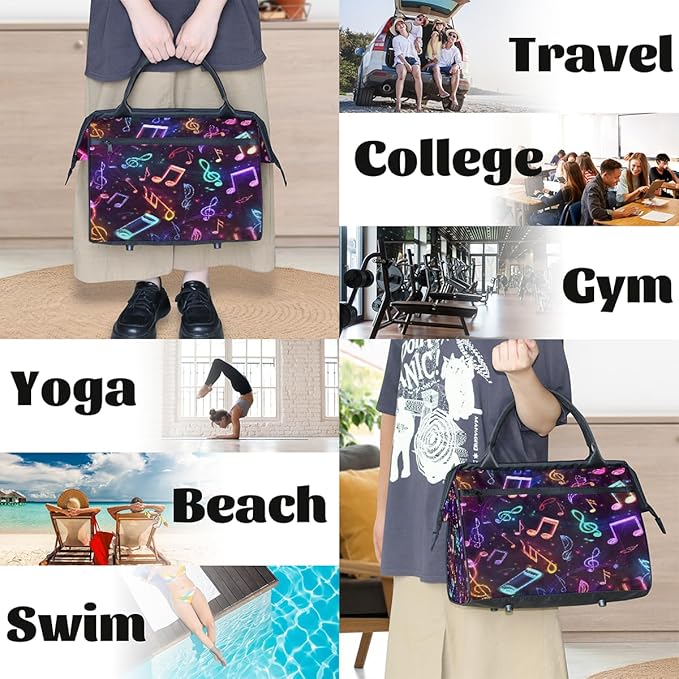 Gym Bag for Women Men, Colorful Neon Music Note Sports Duffel Bags, Waterproof Travel Weekender Overnight Carry On Tote Bags for Travel Sports