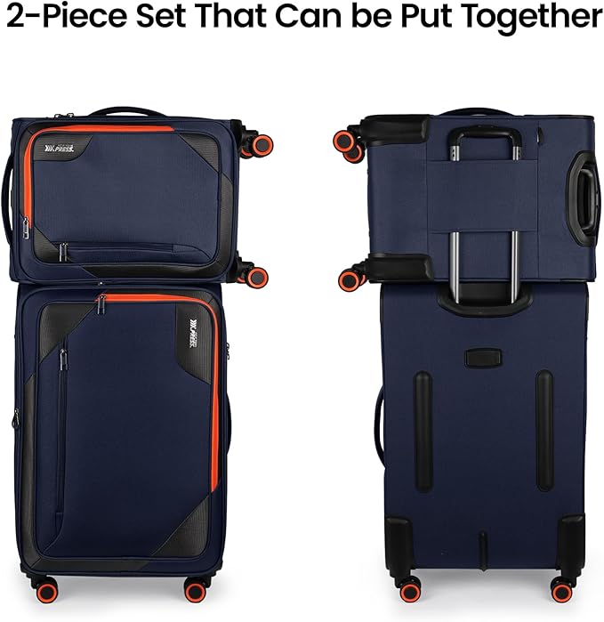 2-Piece Set (22in/28) Softside Expandable 20% Luggage w/Spinner Wheels,Front Opening Softside Luggage Sets w/TSA LOCK,Lightweight Durable Rolling Luggage for Men/Women（Navy,22in/28in）