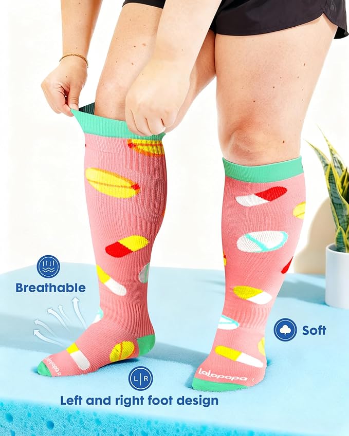 Wide Calf Compression Socks for Women - 3-Pair Plus Size 20-30mmHg Ankle Support Easy on off Socks for Travel Nurse