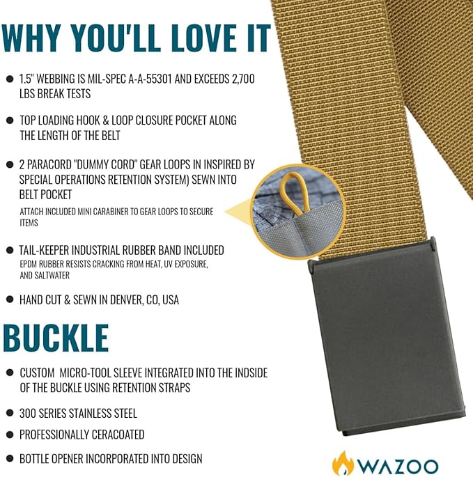 Wazoo Cache Belt for Men with Hidden Pocket, Adjustable Anti-Theft Travel Belt, Nylon with Stainless Steel Buckle