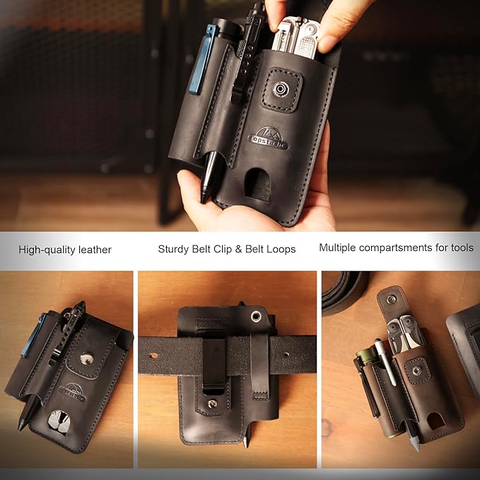 Topstache Leather Multitool Sheath with Belt Clip - Leather Multitool Holder with Closure Flap - EDC Belt Organizer Fits Multitool, Flashlight, Pen - EDC Pouch Belt Holster Case, Black