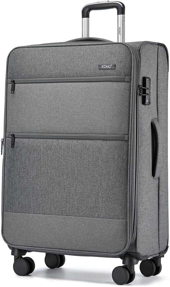 Kono 28 Inch Softside Expandable Checked Luggage with 8 Spinner Wheels TSA Lock Softshell Lightweight Business Travel Suitcase for Men and Women, Grey