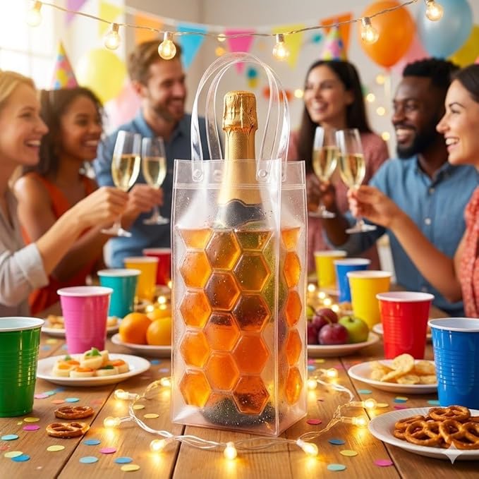 3-Pack Freezable Wine Cooler Bags with Built-in Gel Ice Packs - Portable Hexagon Wine Chiller Sleeve - Reusable Clear Folding Carrier Tote for Champagne, Beer, Picnic & Travel (orange）