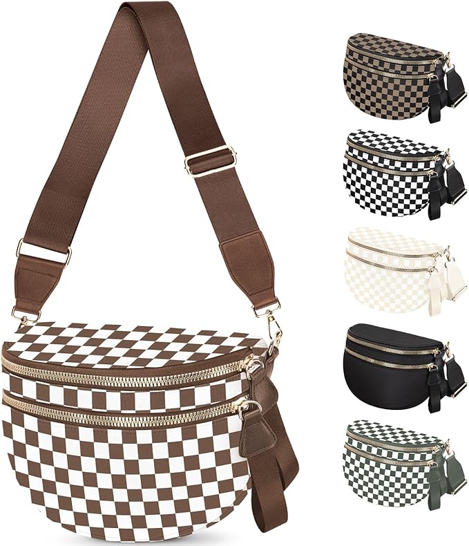 Spacious Nylon Checkered Crossbody Bum Bag for Women, Fashion Checkerboard Fanny Pack Purse with Anti-theft Pocket, Adjustable Wider Strap Wasit Bag (White-Brown)