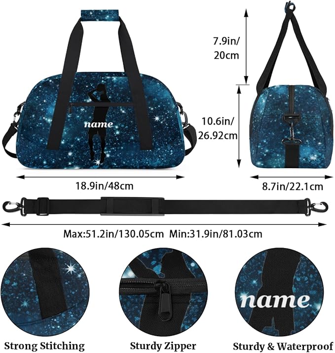 Personalized Boys Gym Bags, Custom Name Sport Bags for Training Travel Overnight Weekender Basketball Silhouettes Romantic Blue