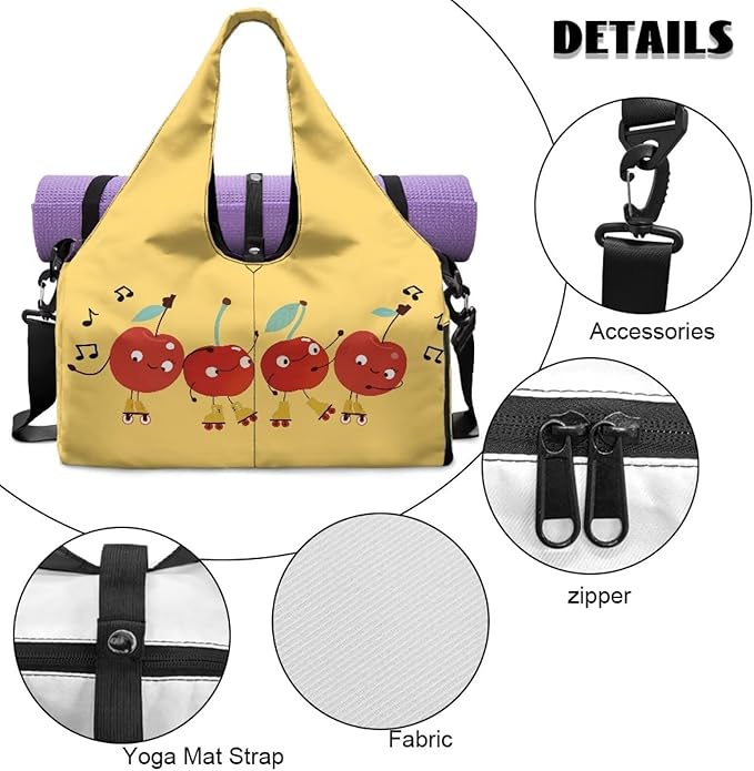 Cute Cherry Print Duffel Bag Women that Holds Yoga Mat and Shoe Compartment Portable Lightweight Waterproof Yellow Gym Bag, Fitness Workout Stylish Workout Bag