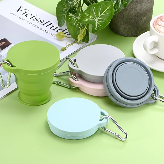 4 Pack Collapsible Travel Cup, 6oz(180ml) Silicone Portable Foldable Water Cup Bottle with Spring Buckle for Travel/Camping/Hiking, Reusable [Light Gray]