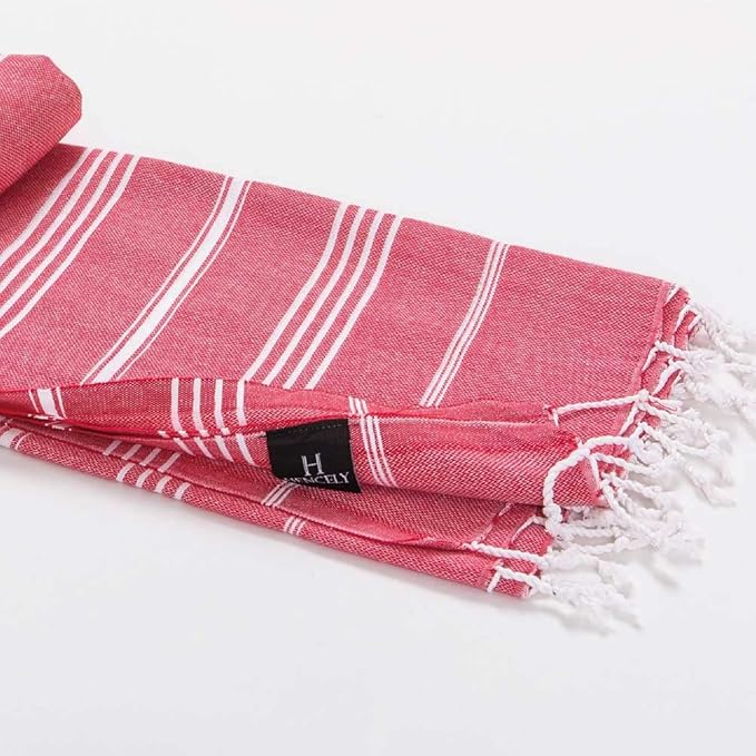 Hencely Turkish Beach Towel 37x68 Oversized, Sand-Free, Quick-Dry, Lightweight - Travel Essential for Pool & Bath - Striped 100% Cotton Bathroom Towels Accessories Gift (Red)