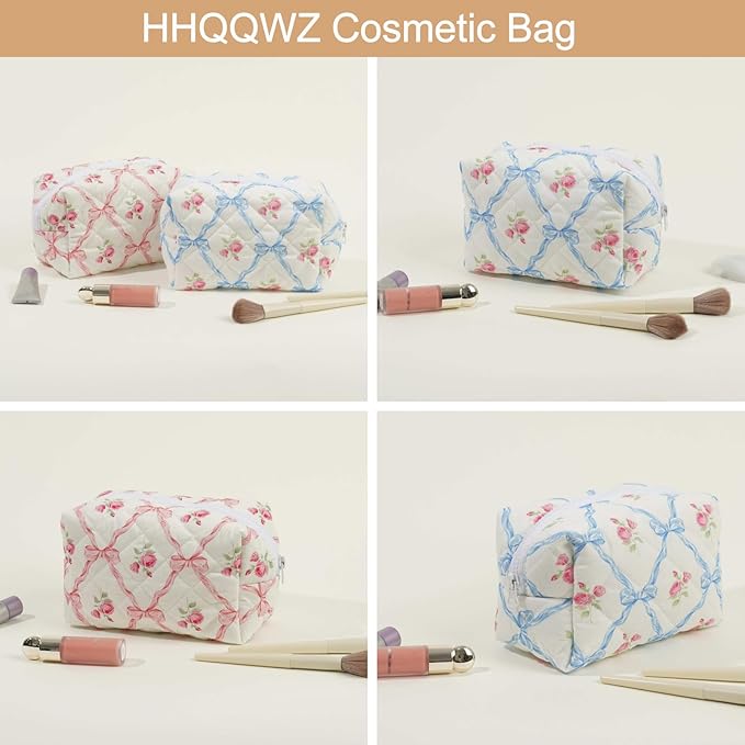 Makeup Bag Travel Cosmetic Bag for Women Girls, Zipper Make Up Pouch, Floral Flowers Toiletry Organizer Makeup, Portable Storage Bag, Cosmetic Travel Cloth Bag (Pink+Blue Bowknot)