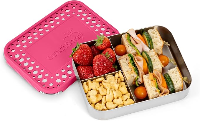 LunchBots Large Trio Stainless Steel Lunch Container -Three Section Design for Sandwich and Two Sides - Metal Bento Lunch Box - Eco-Friendly - Stainless Lid - Pink Dots