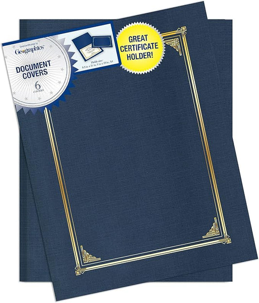 Geographics Classic Linen Certificate/Document Covers, 12.5” x 9.75”, Blue Navy (6 Pack)