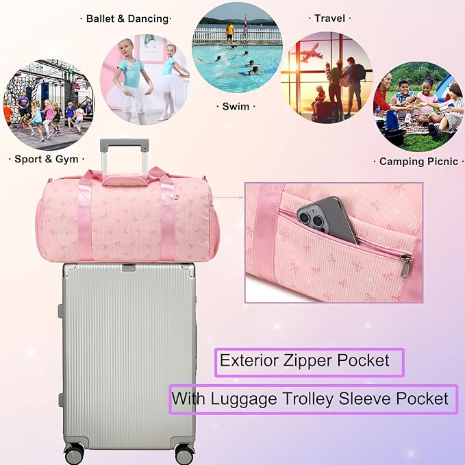 Dance Dag for Girl Sports Duffle Dag Gym Ballet Bag Corduroy Overnight Bag with Shoe Compartment and Dry Wet Pocket.