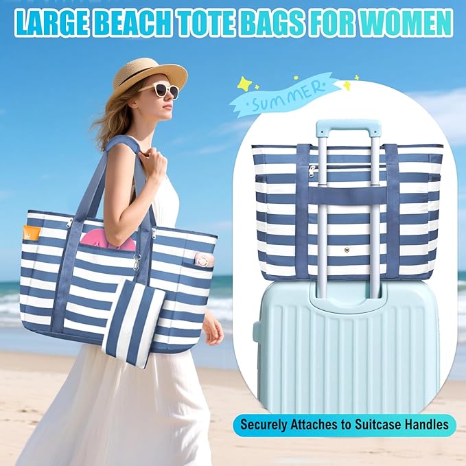 Extra Large Beach Bags for Women, Waterproof Sandproof Beach Tote Bag Foldable Swim Pool Bag with Zipper and Wet Pocket