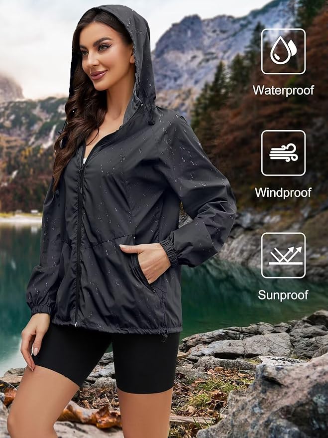 Packable Rain Jacket Women Waterproof Lightweight Jacket With Hood Womens Windbreaker Jacket S-XXL