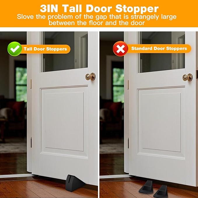 Heavy Duty Metal Door Stop, Strongest Large Adjustable Spring Door Stopper Up to 3 inch Tall, Door Stoppers for Bottom of Door, Stainless Steel Black Rubber Door Wedge for Any Heavy Doors