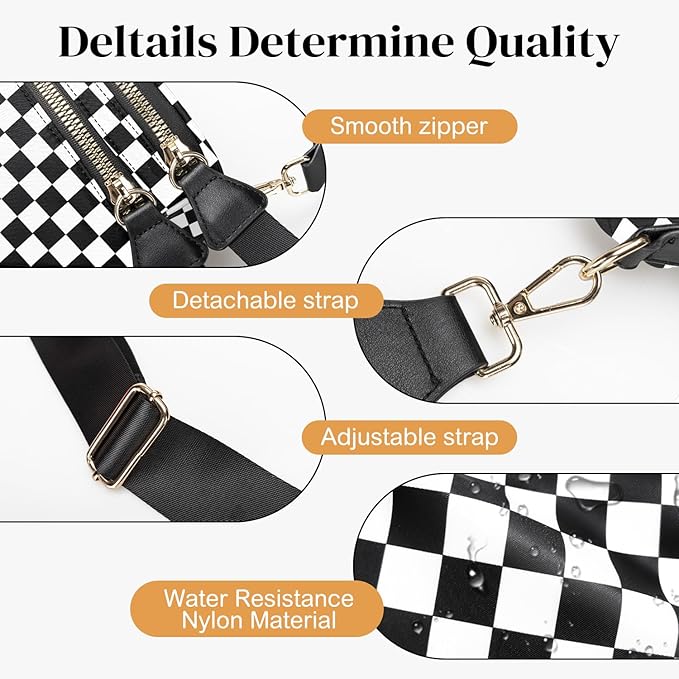Spacious Nylon Checkered Crossbody Bum Bag for Women, Fashion Checkerboard Fanny Pack Purse with Anti-theft Pocket, Adjustable Wider Strap Wasit Bag (Black-White)
