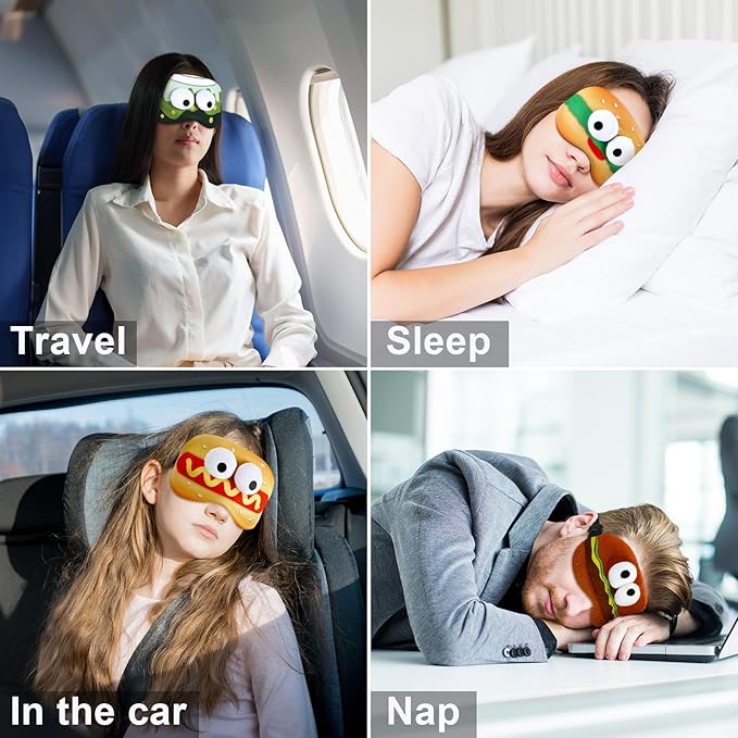 4 Pcs Funny Food Eye Mask Cute Fast Food Sleeping Mask 3D Plush Eye Masks Hamburger Hot Dog Milk Tea Fluffy Eyeshade with 3D Doll Eyes for Women Men Travel Nap Night Sleep