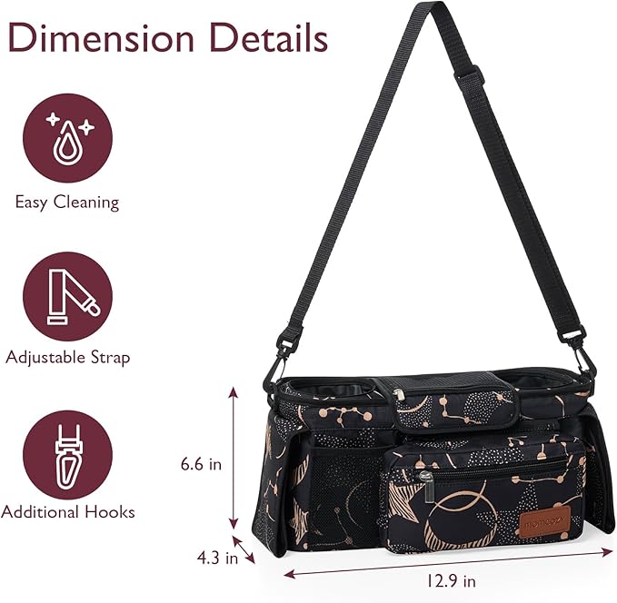 Momcozy Universal Baby Stroller Organizer, 2 Insulated Cup Holder, Detachable Zippered Pocket, Adjustable Shoulder Strap, Large capacity for baby essentials, Compact Design Fits Any Strollers