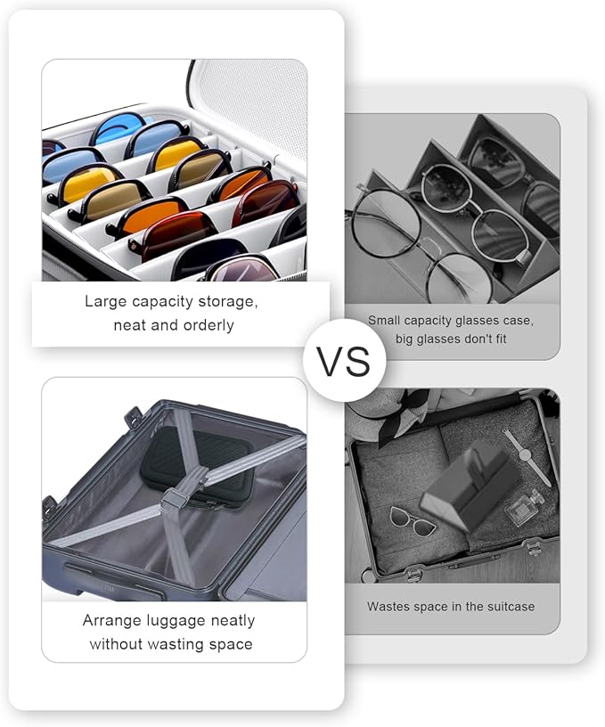 Krypthos Travel Sunglasses Organizer Case, Portable Eyeglasses Storage Box, Adjustable Multi-Compartments & Crushproof Design, Holds Up to 8 Pairs, Eyewear Display Case for Men Women