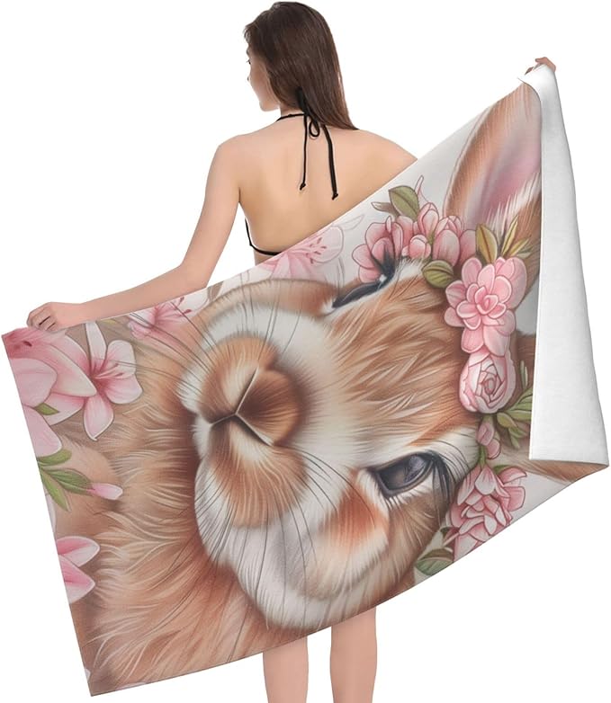 Microfiber Beach Towel, Flower Bunny Beach Towels 32x52in,Quick Dry, Sand Free, Ultra Soft & Oversized Towel for Travel, Outdoor, Bathroom, Swimming - Ideal for Pool, Camping, Yoga, or Gift Decor
