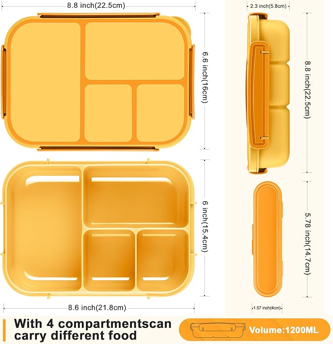 Lunch Box Kids,Bento Box Adult,Leakproof Lunch Containers for Adults/Kids/Toddler,1200ML-4 Compartments bento Lunch box with Utensil,Microwave & Dishwasher & Freezer Safe (Yellow)