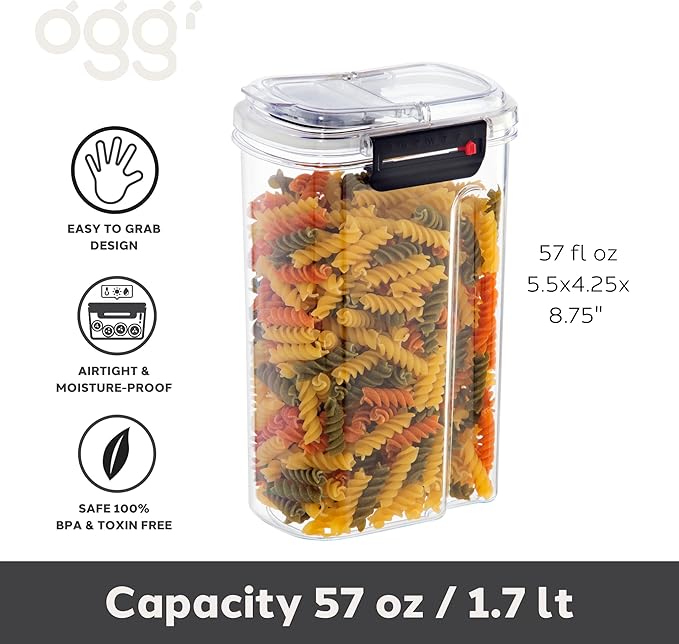 Oggi Easi Grip 57oz Moisture Proof Storage Container, Ultra Clear BPA-Free Sealable Canister, Flip Open Pouring Lid, Date Reminder Slider on Clip, Ideal Cereal Dispenser (57oz / 1.7lt)