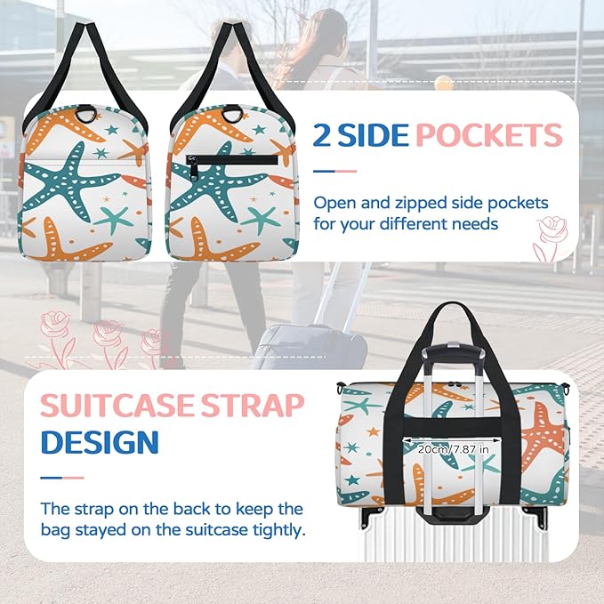 Cute Starfish Travel Duffle Bag for Women Men, Overnight Weekender Bag, Carry on Tote for Sport Gym