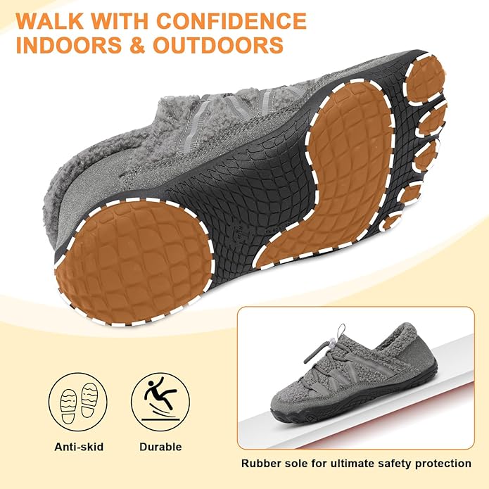 relxfeet Women's Wide Width Slippers Cozy Furry Barefoot House Shoes with Adjustable Fit Non-Slip Indoor Outdoor Slippers for Diabetic Bunion Swollen Feet Friendly
