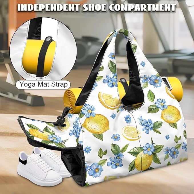 Gym Bag Women Lemon Duffel Bag with Wet Pocket, Shoes Compartment, Double Zipper, Small Duffle Bag Lightweight Breathable Waterproof Overnight Bag
