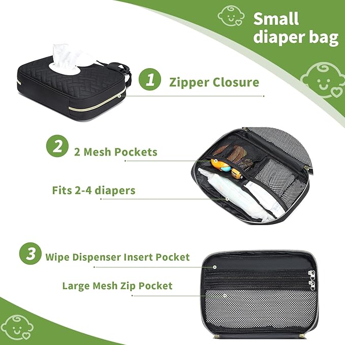 Diaper Bag Organizer with 2 Pieces Wipes Dispensers, Portable Stroller Mini Diaper Bag Pouches Travel Gear, Foldable Newborn Baby Essentials, Small Clutch, Black