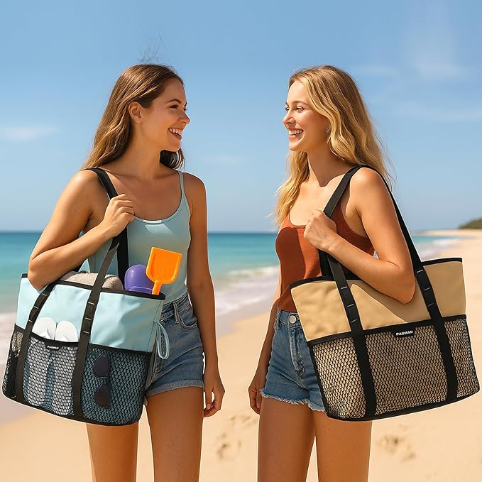 Large Beach Bag with Zipper-8 Pockets Sandproof Beach Tote Bag for Women,Foldable Lightweight Family Swim Bag Vacation