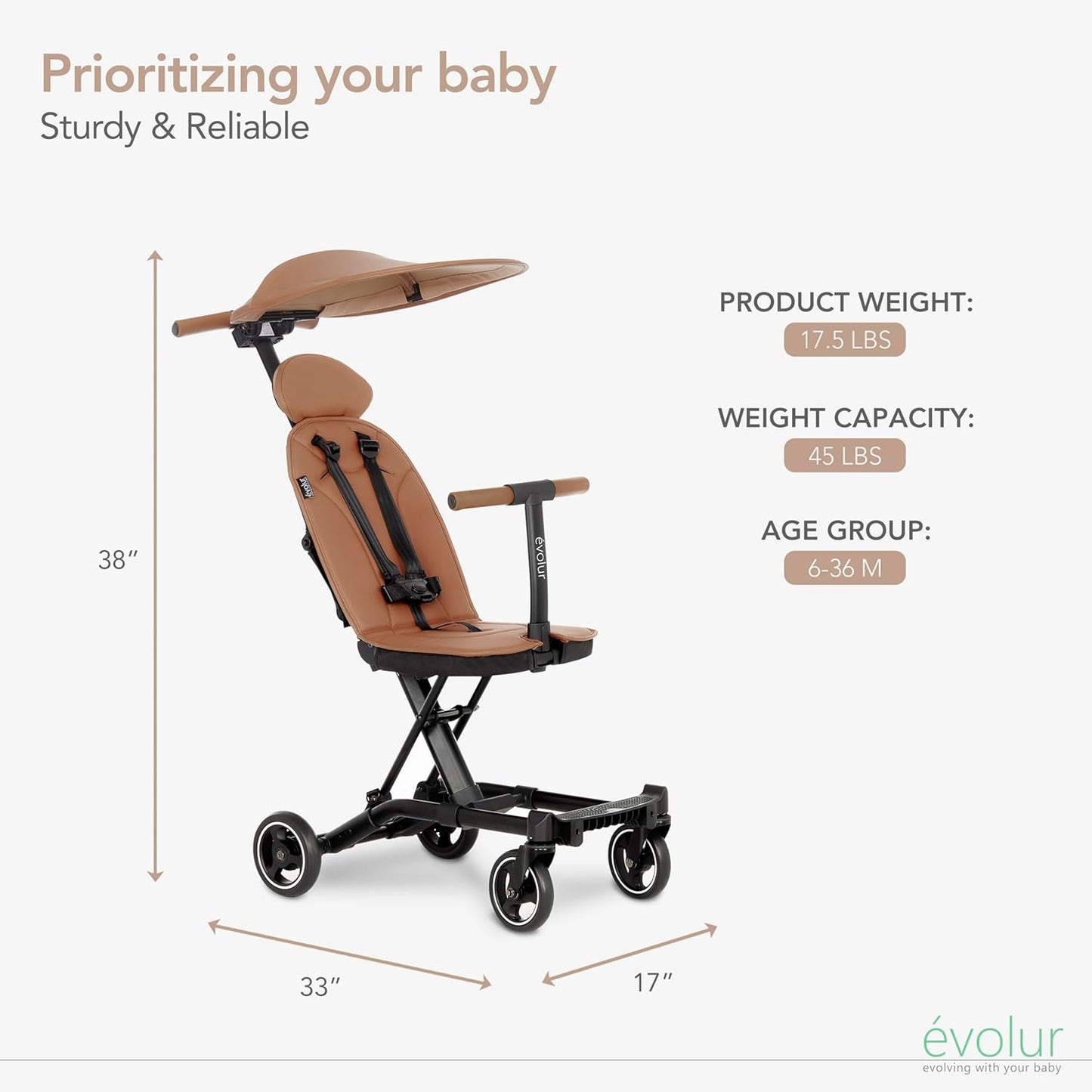 Evolur Cruise Rider Stroller with Canopy, Lightweight Umbrella Stroller with Compact Fold, Easy to Carry Travel Stroller - Cognac