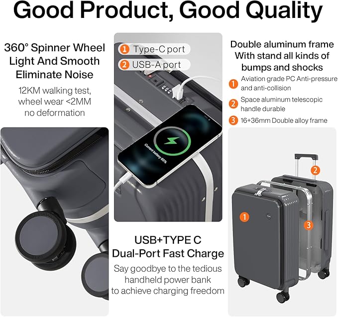 mixi Large Checked Luggage with Cup Phone Holder and Charger Hard Shell Suitcases with Spinner Wheels, 26 Inch Rock Gray
