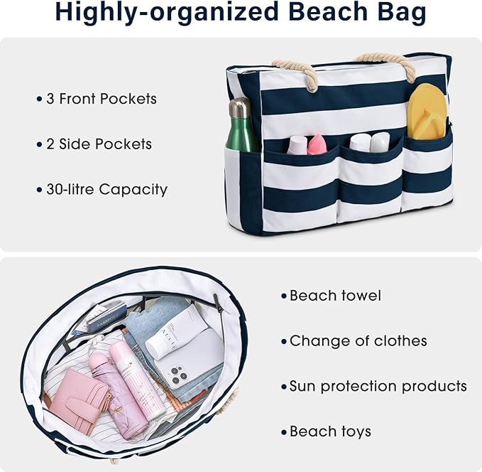 Becokan Beach Bags for Women Canvas Large Beach Tote Bag Zipper Waterproof Sandproof Foldable Swim Pool Bag with 7 Pockets