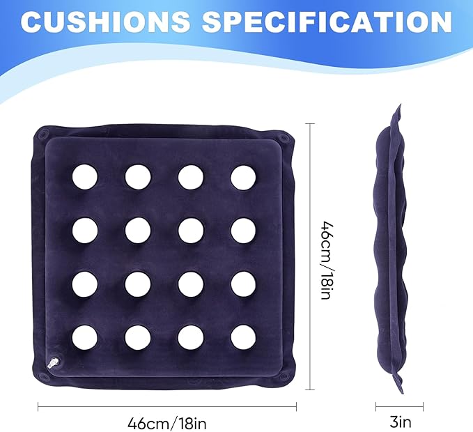 2-Pack Waffle Inflatable Seat Cushions with Pump, 18 Inch Beige 16-Hole Air Cushion for Pressure Relief, Wheelchair, Office Chair, Car Seat & Travel (Navy Blue)