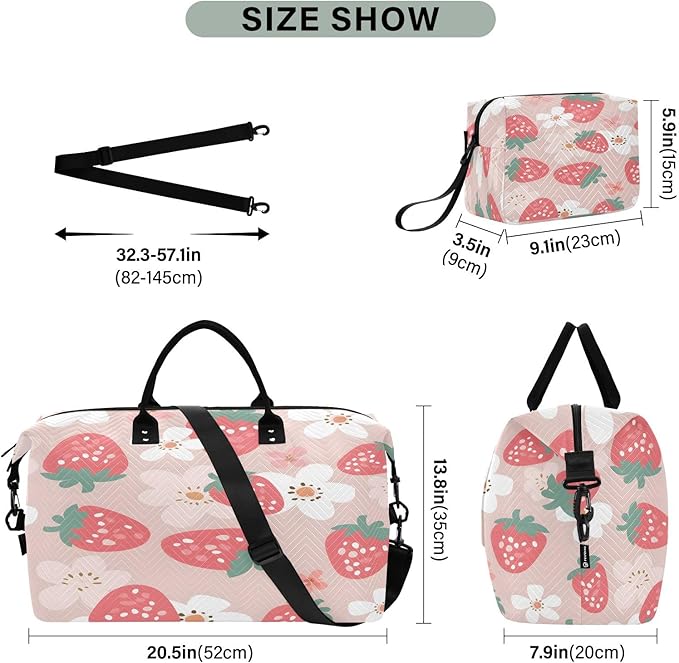 Pink Strawberr White Flower Pattern Travel Duffle Bag Gym Yoga Carry on Bags for Men Women Weekender Bag